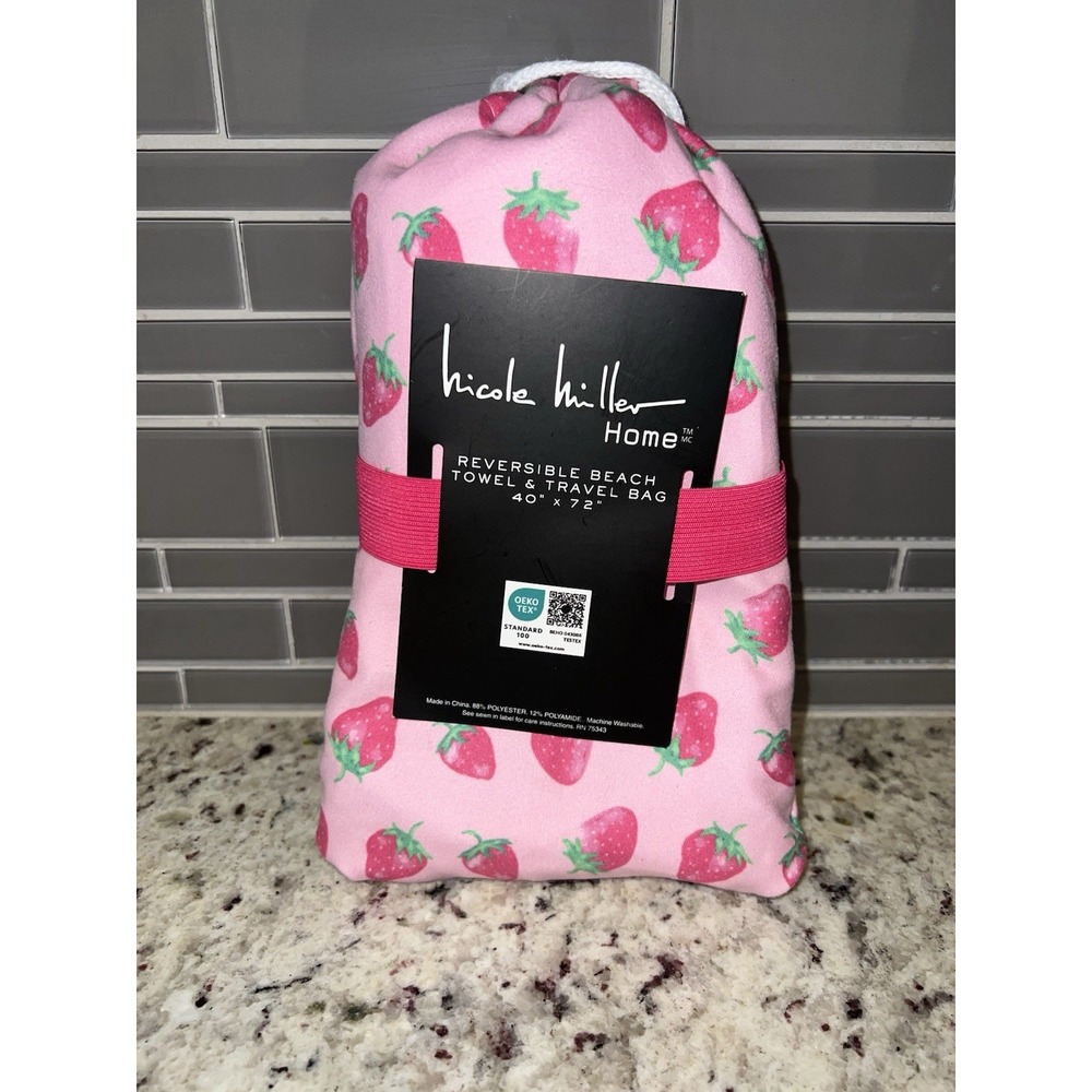 Nicole Miller Pink Strawberry Print Reversible Beach Towel with Travel Bag